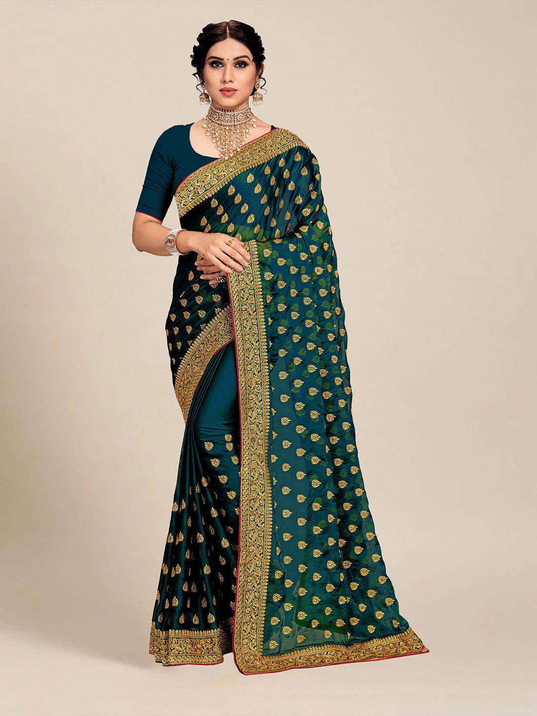 

MS RETAIL Teal & Gold-Toned Floral Embroidered Silk Blend Saree