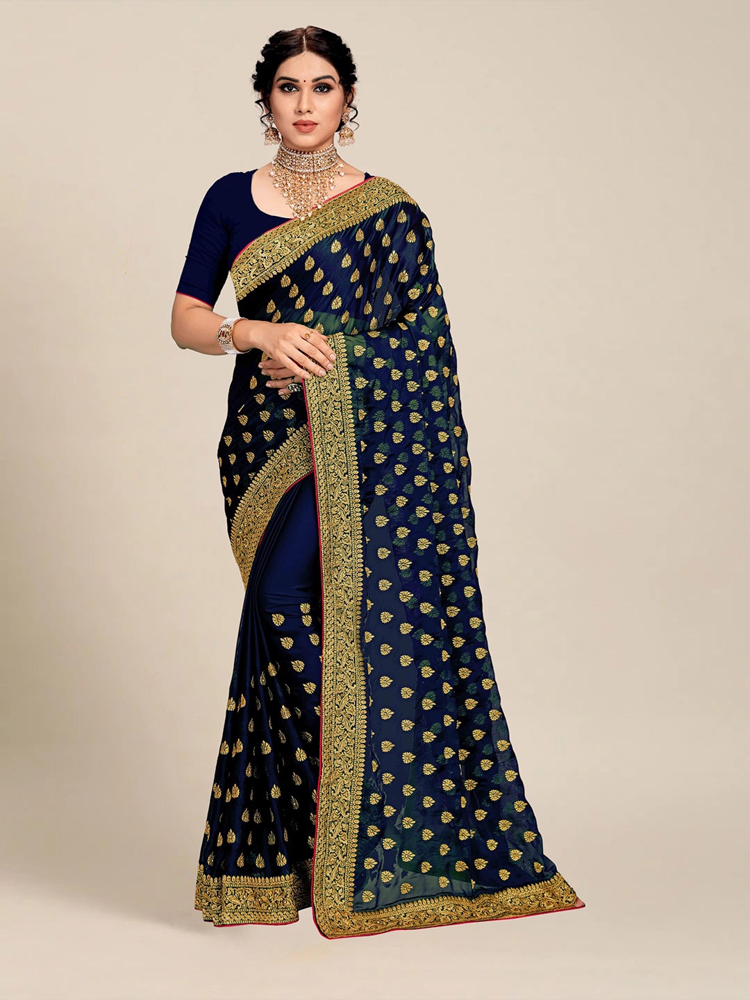 

MS RETAIL Navy Blue & Gold-Toned Floral Silk Blend Saree