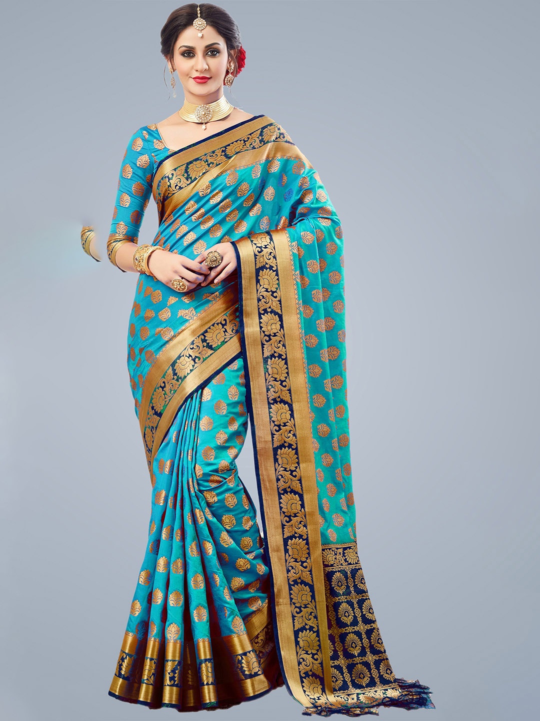 

MS RETAIL Turquoise Blue & Gold-Toned Woven Design Zari Silk Blend Kanjeevaram Saree