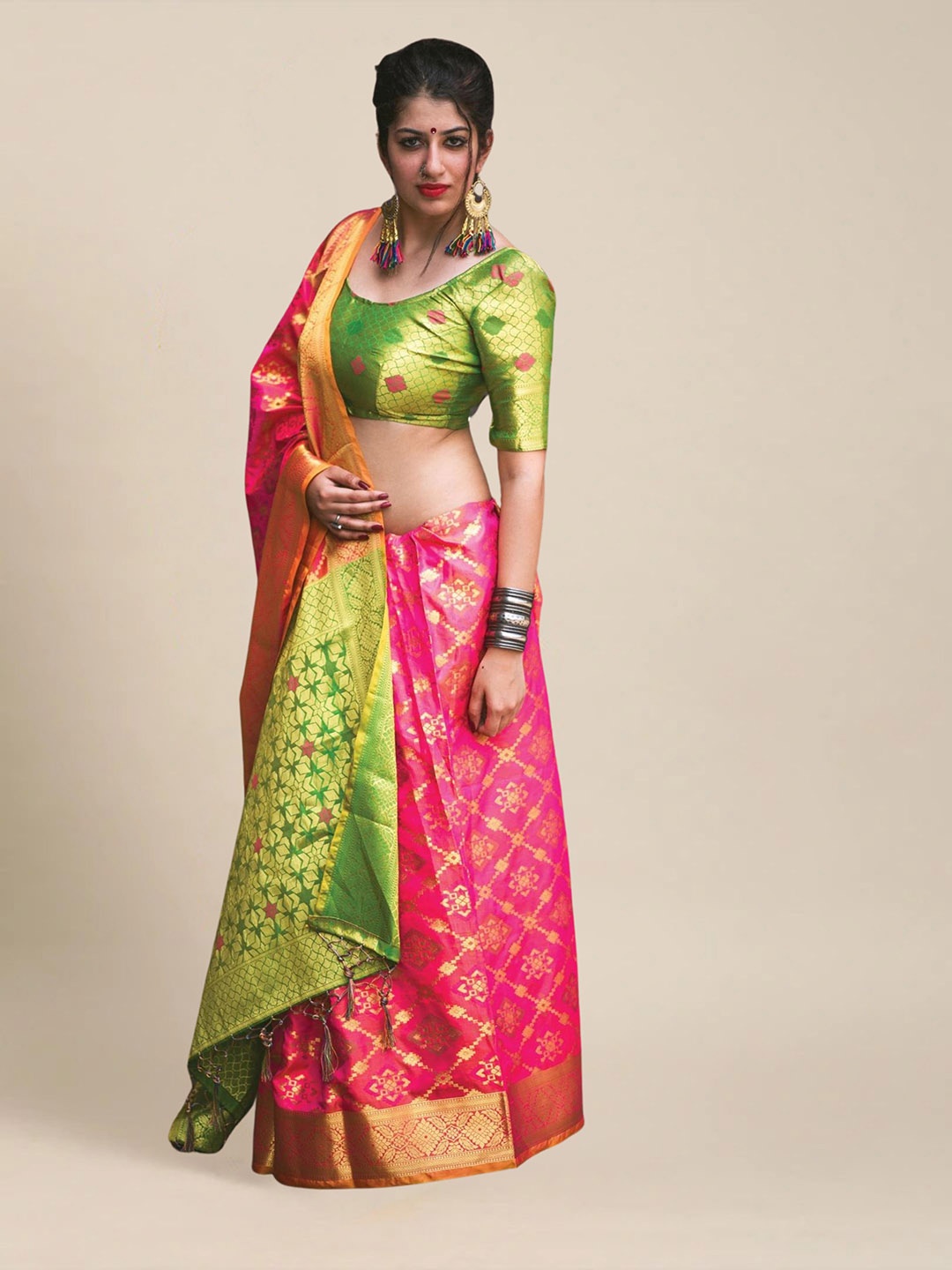 

MS RETAIL Pink & Green Ethnic Motifs Zari Silk Blend Patola Saree