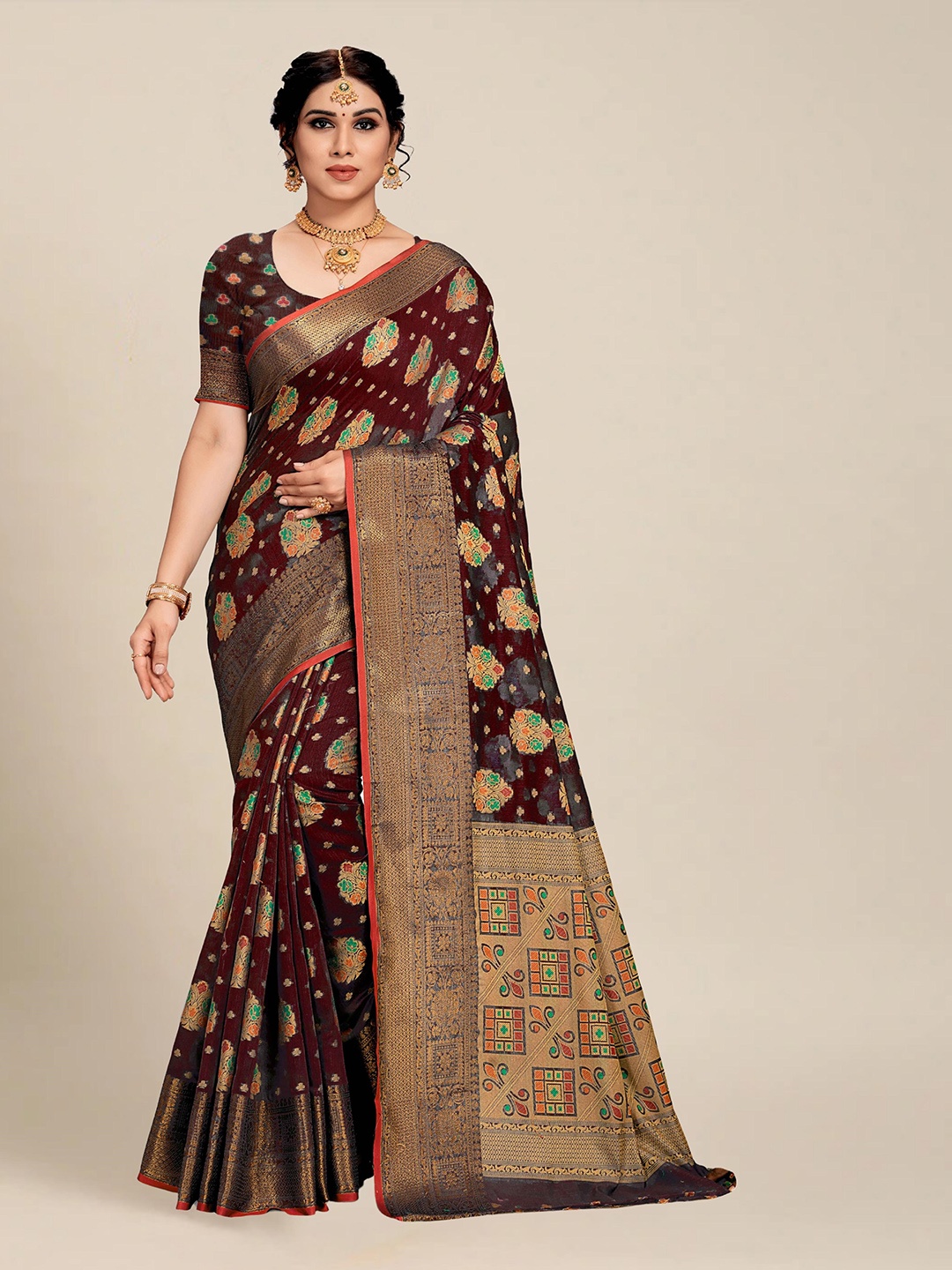 MS RETAIL Rust & Green Woven Design Pure Cotton Chanderi Saree