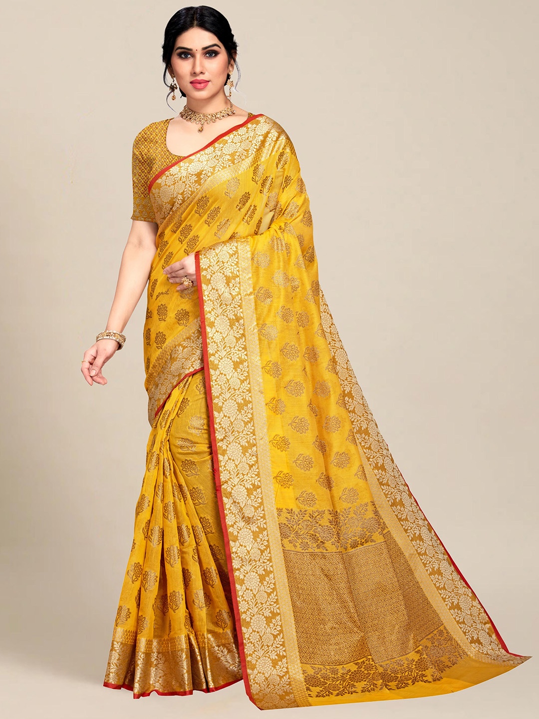 

MS RETAIL Yellow & Gold-Toned Woven Design Pure Cotton Chanderi Saree