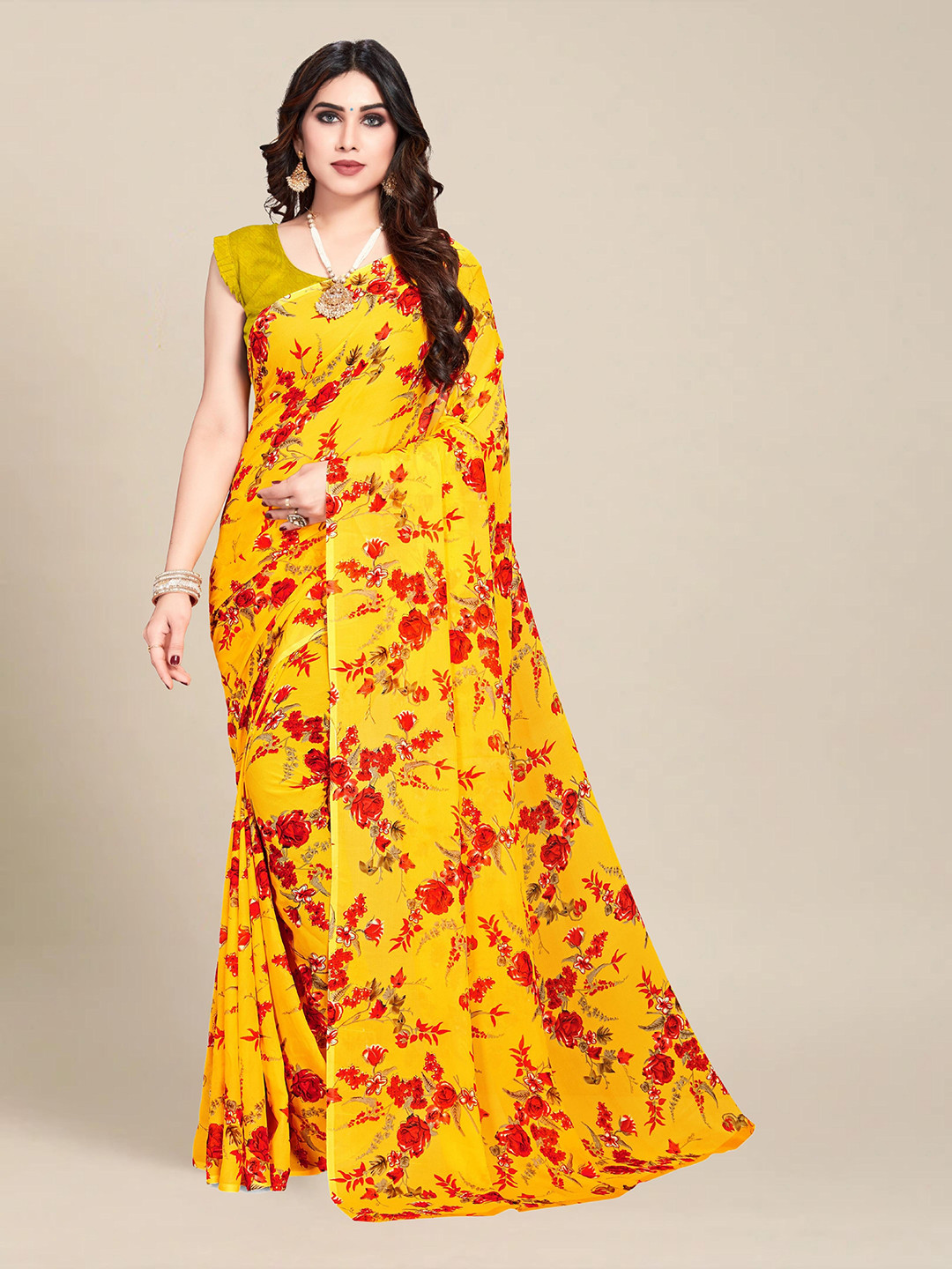 

MS RETAIL Yellow & Red Floral Zari Pure Georgette Block Print Saree