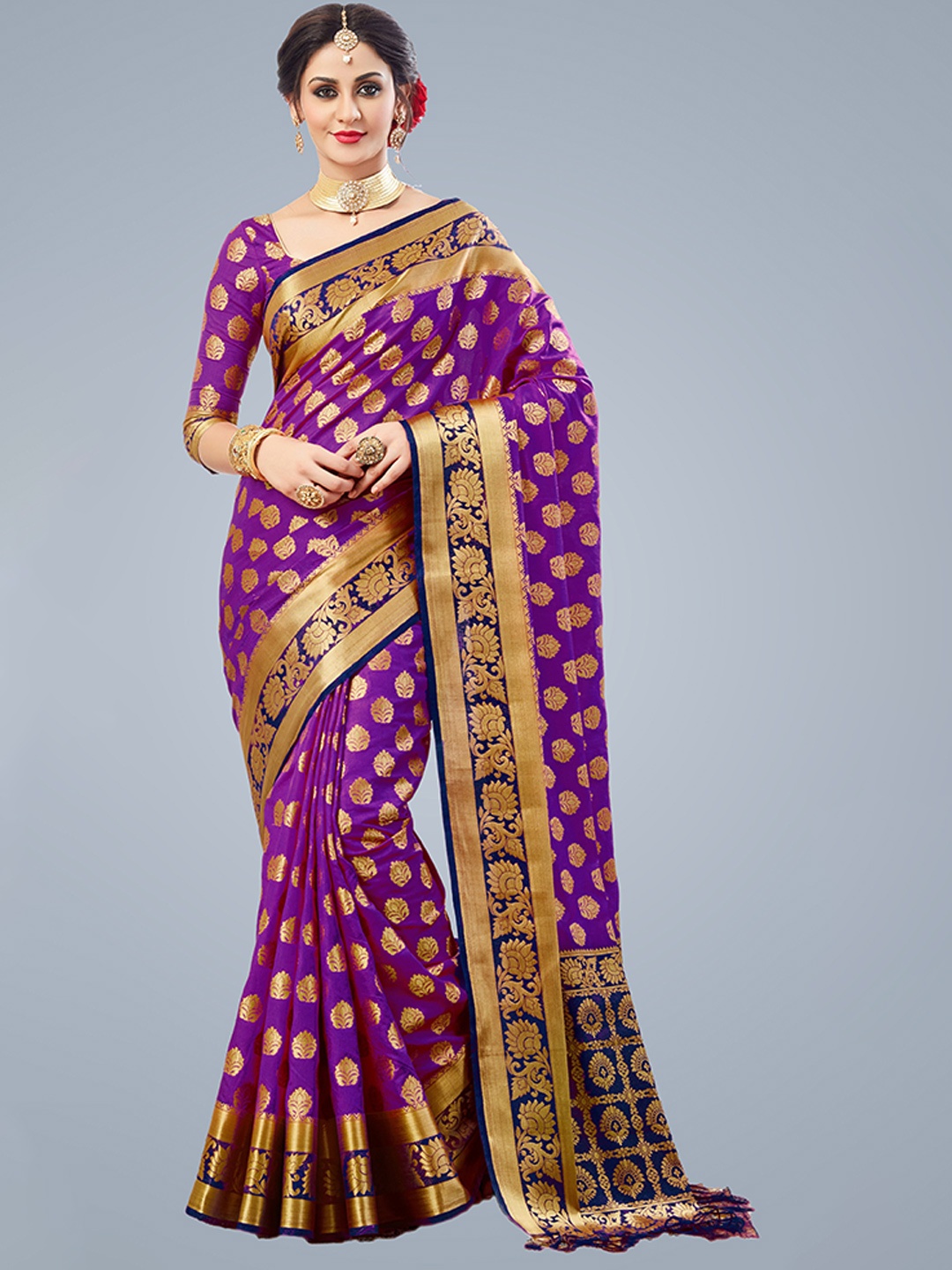 

MS RETAIL Violet Woven Design Silk Blend Kanjeevaram Saree