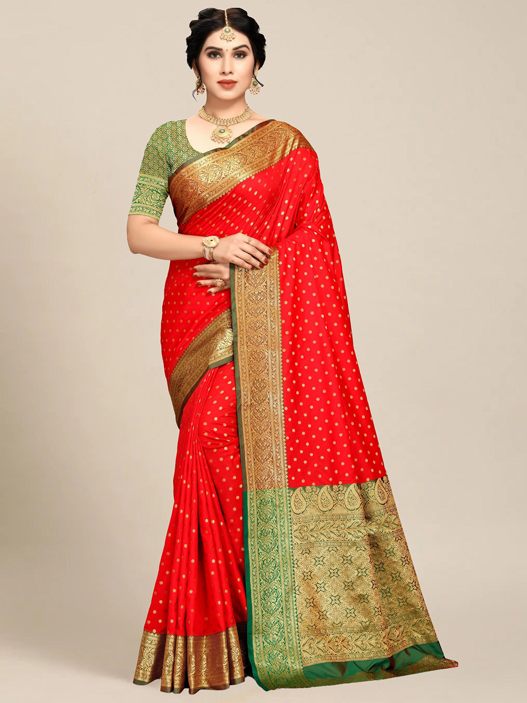 

MS RETAIL Red & Green Zari Silk Blend Banarasi Saree