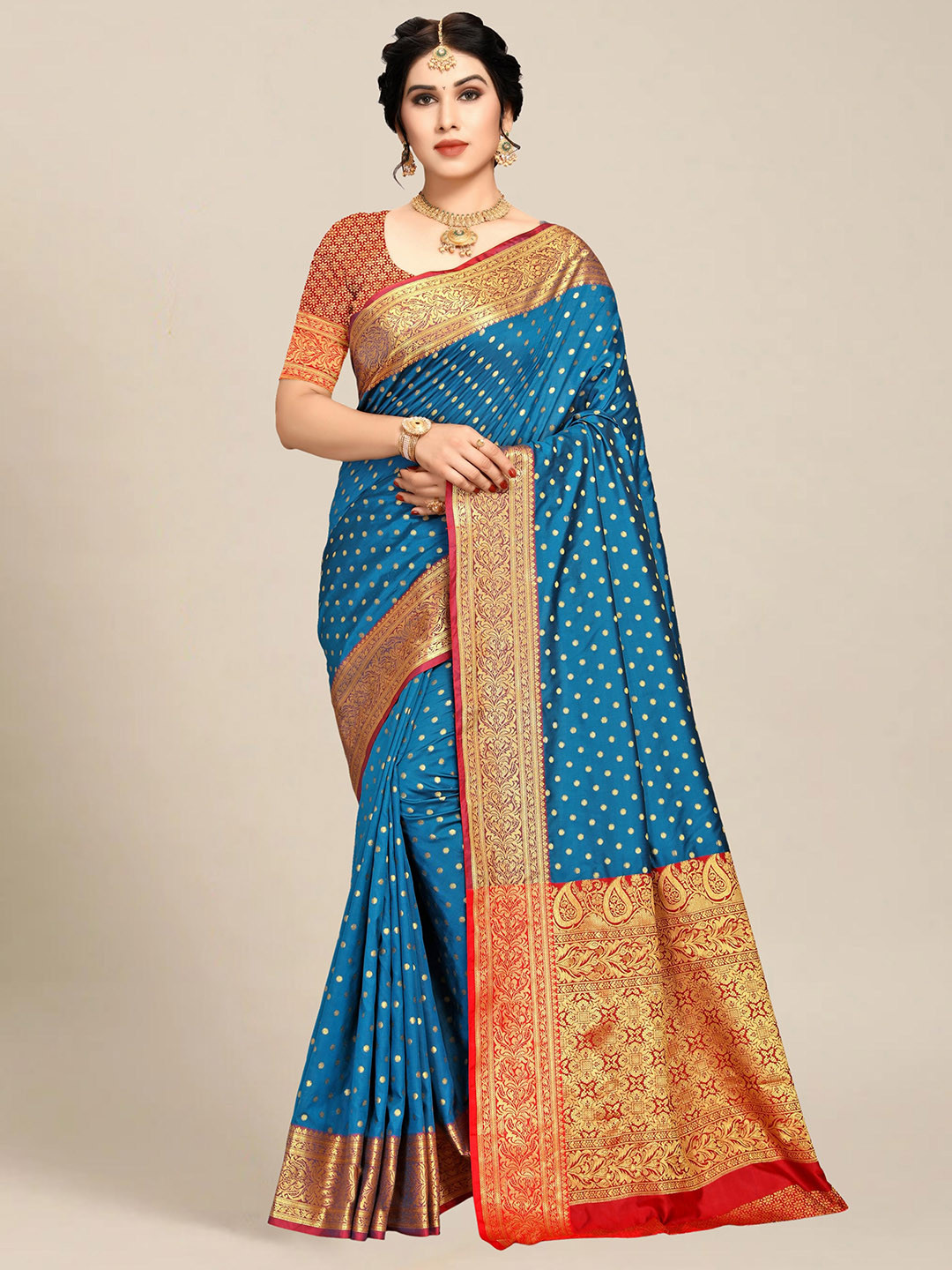 

MS RETAIL Turquoise Blue & Red Woven Design Zari Silk Blend Banarasi Saree