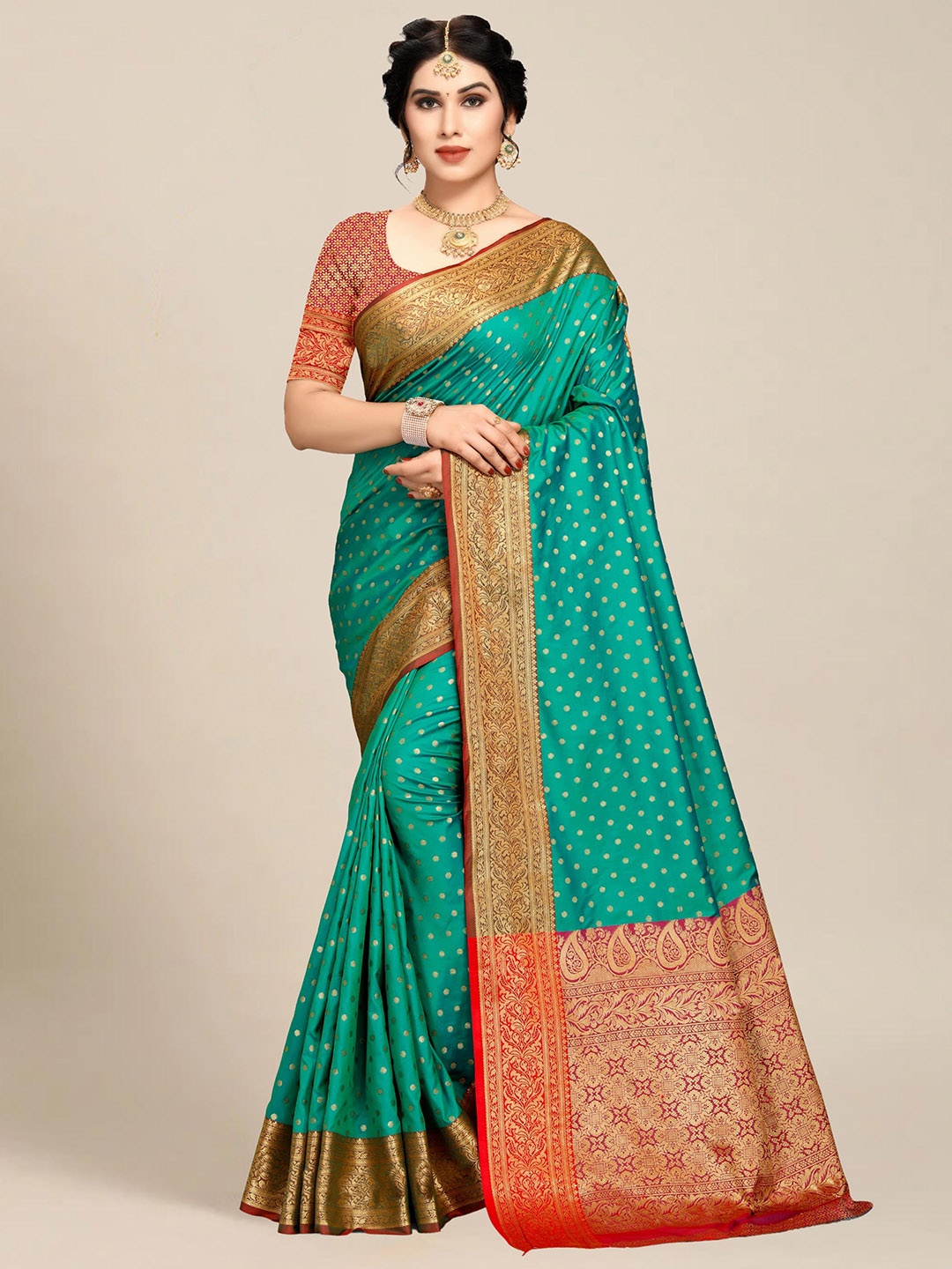 

MS RETAIL Teal & Gold-Toned Woven Design Zari Silk Blend Banarasi Saree