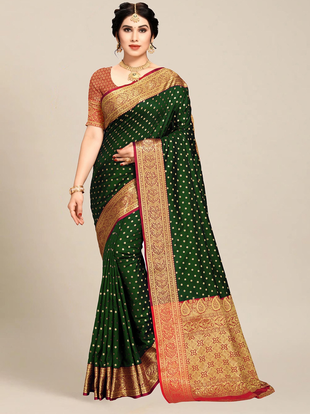 

MS RETAIL Green & Red Silk Blend Banarasi Saree