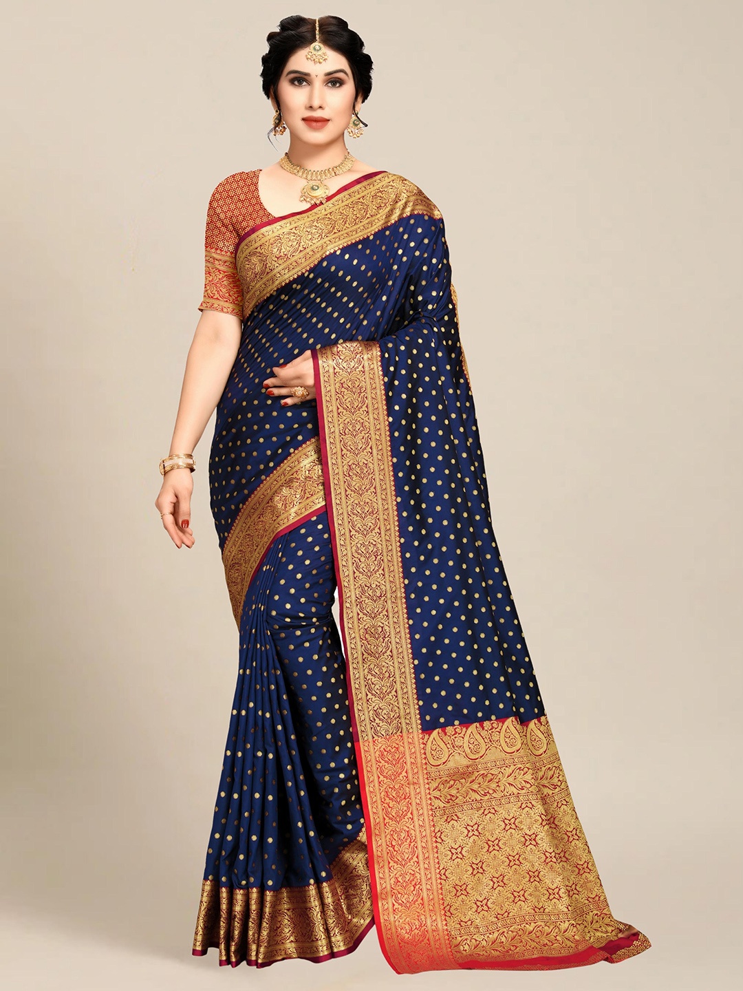 

MS RETAIL Navy Blue & Red Woven Design Zari Silk Blend Banarasi Saree
