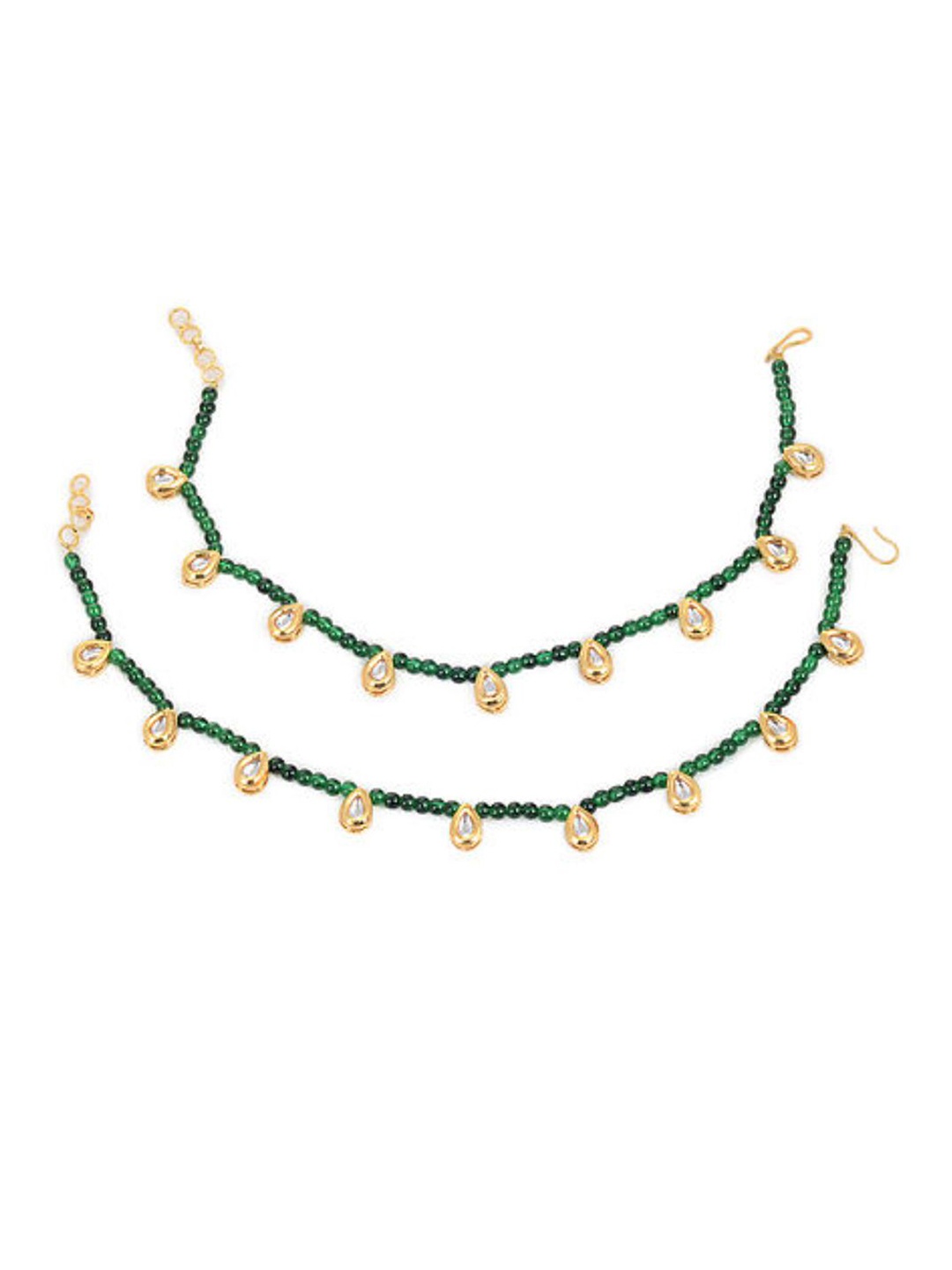 

Bamboo Tree Jewels Set of 2 Gold-Plated & Green Kundan Anklets