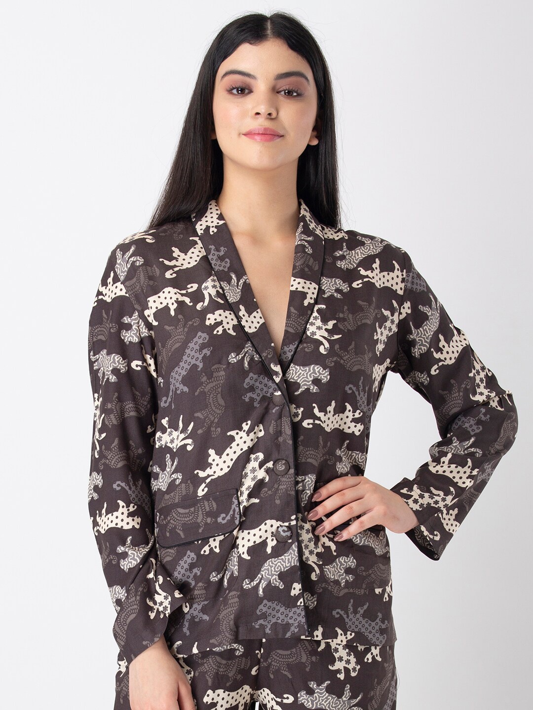 

ADORENITE Brown & Beige Printed V-Neck Shirt Style Top