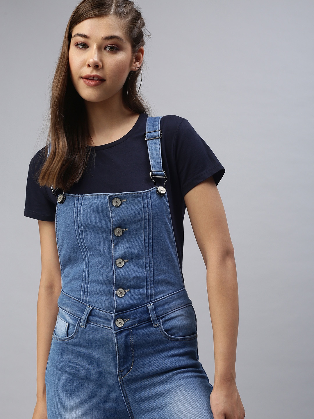 

SHOWOFF Women Blue Solid Cotton Slim-Fit Dungarees