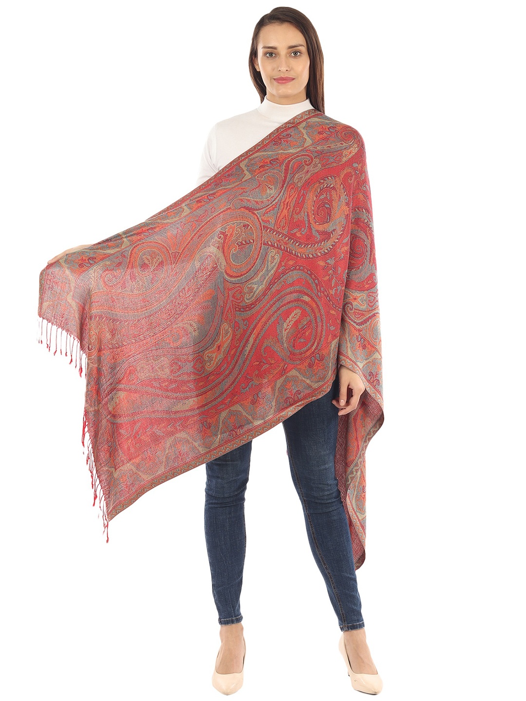 

MUFFLY Women Red & Blue Woven Design Pashmina Stole