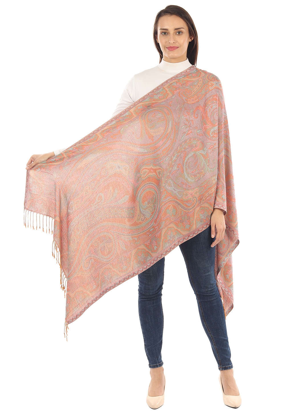 

MUFFLY Women Orange & Blue Woven Design Pashmina Stole