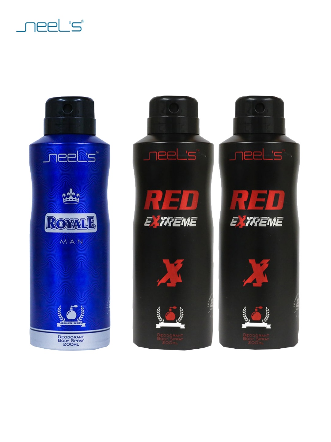 

Neels Men Set of Royale Deodorant Body Spray & 2 Red Extreme Deodorant - 200 ml Each, Black