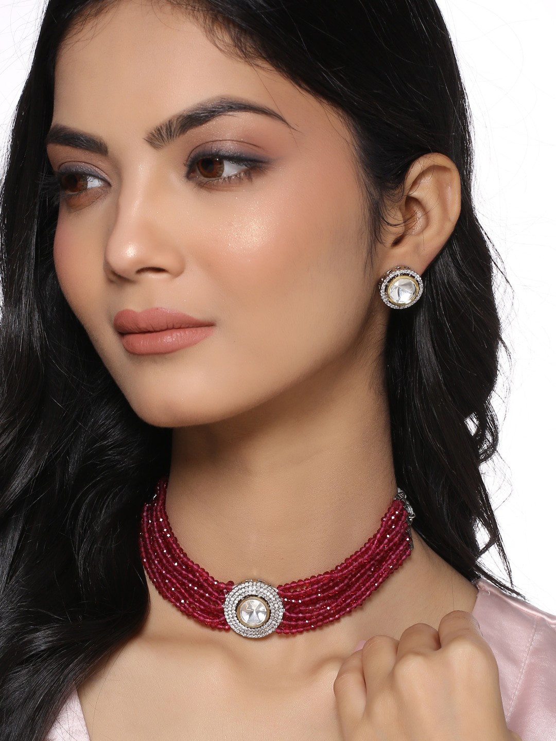 

THE AAB STUDIO Silver-Plated Pink & Pink Kundan Studded & Beaded Jewellery Set