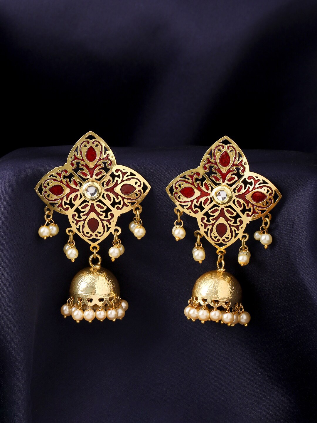 

THE AAB STUDIO Gold-Toned & Maroon Dome Shaped Jhumkas Earrings