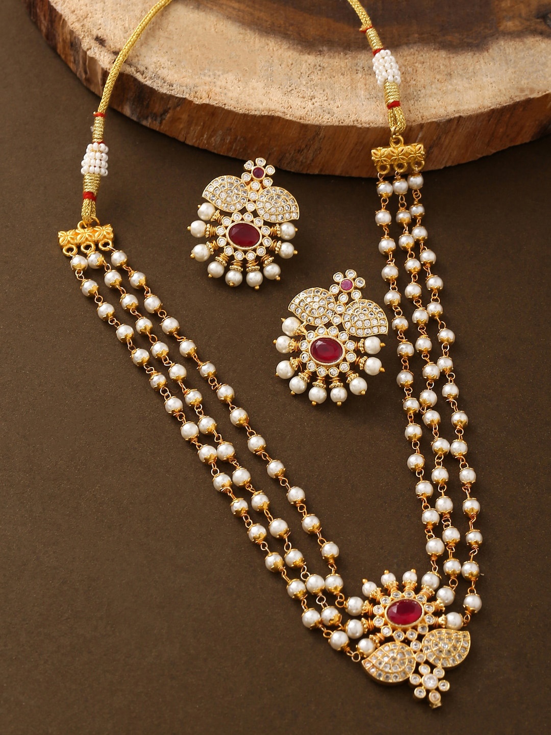 

THE AAB STUDIO Gold -Plated Red Stone & Pearl Beaded Jewellery Set
