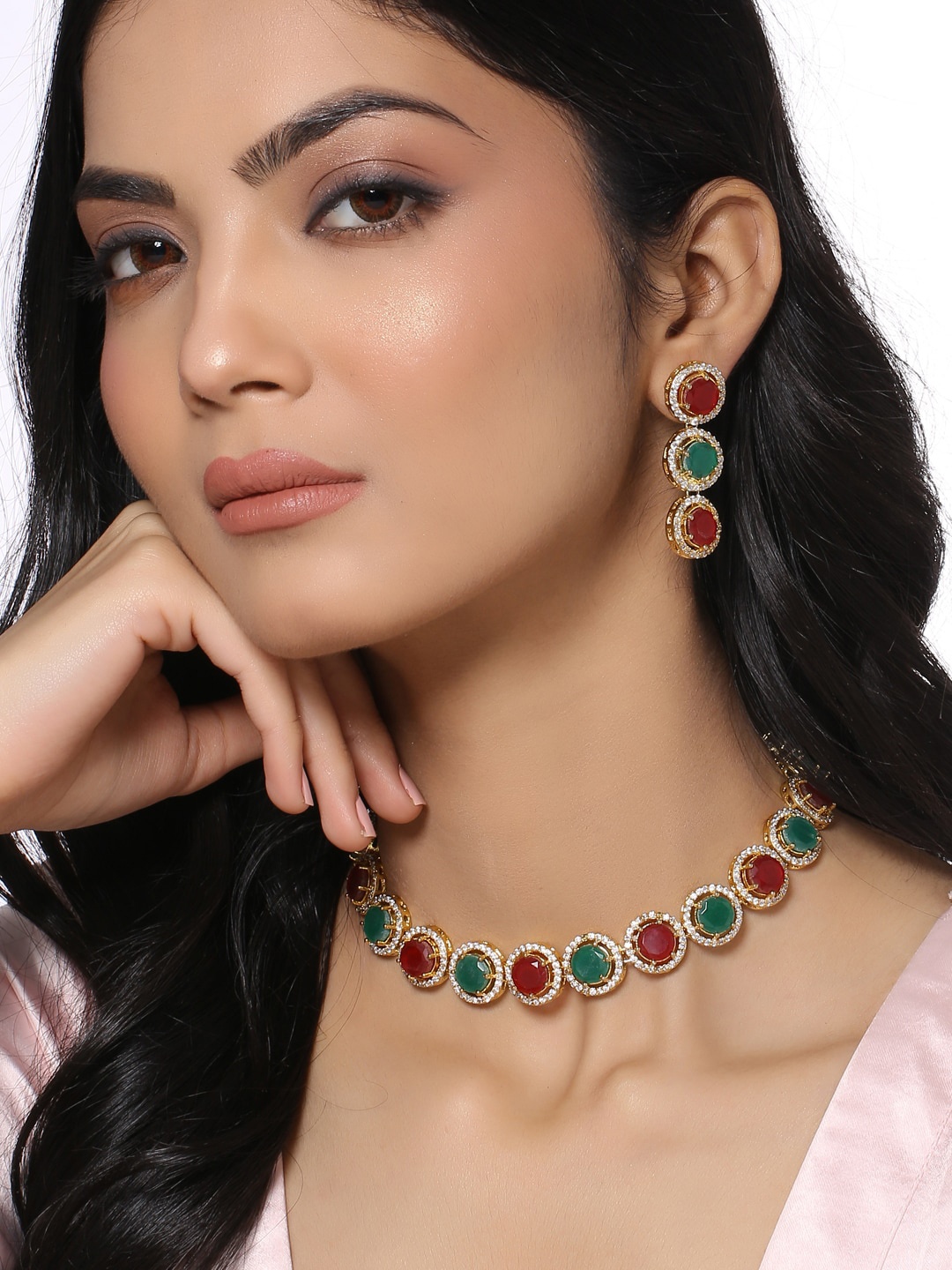 

THE AAB STUDIO Gold-Plated White & Green Stone-Studded Jewellery Set