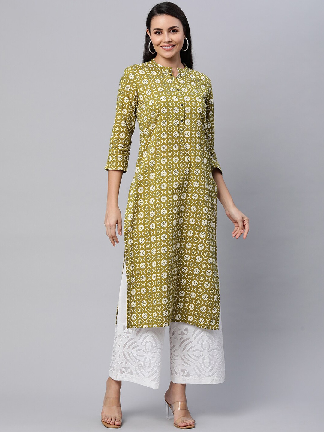 

KAMI KUBI Women Olive Green & White Floral Printed Pure Cotton Straight Kurta