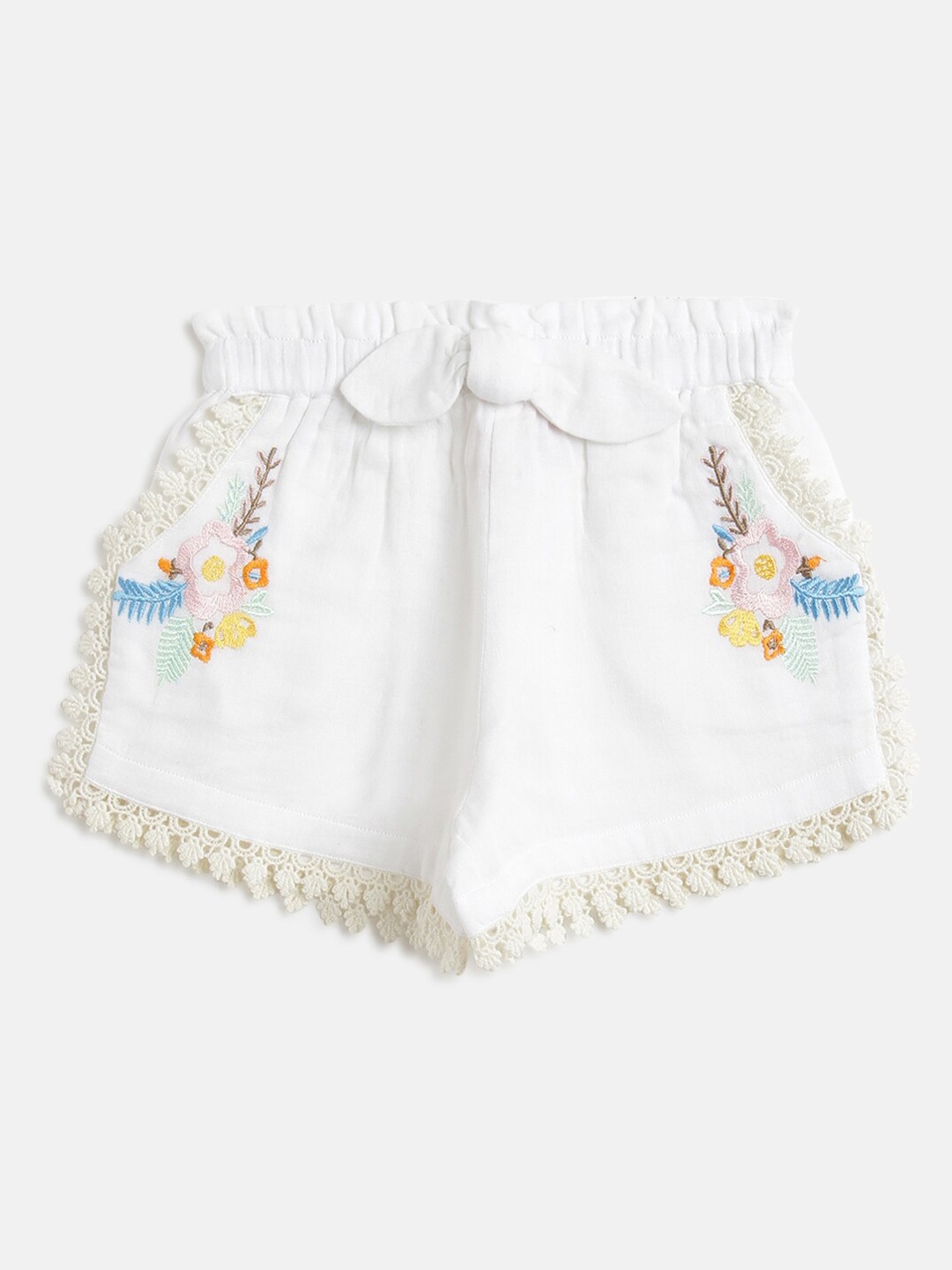 

Kids On Board Girls White Embroidered High-Rise Cotton Shorts