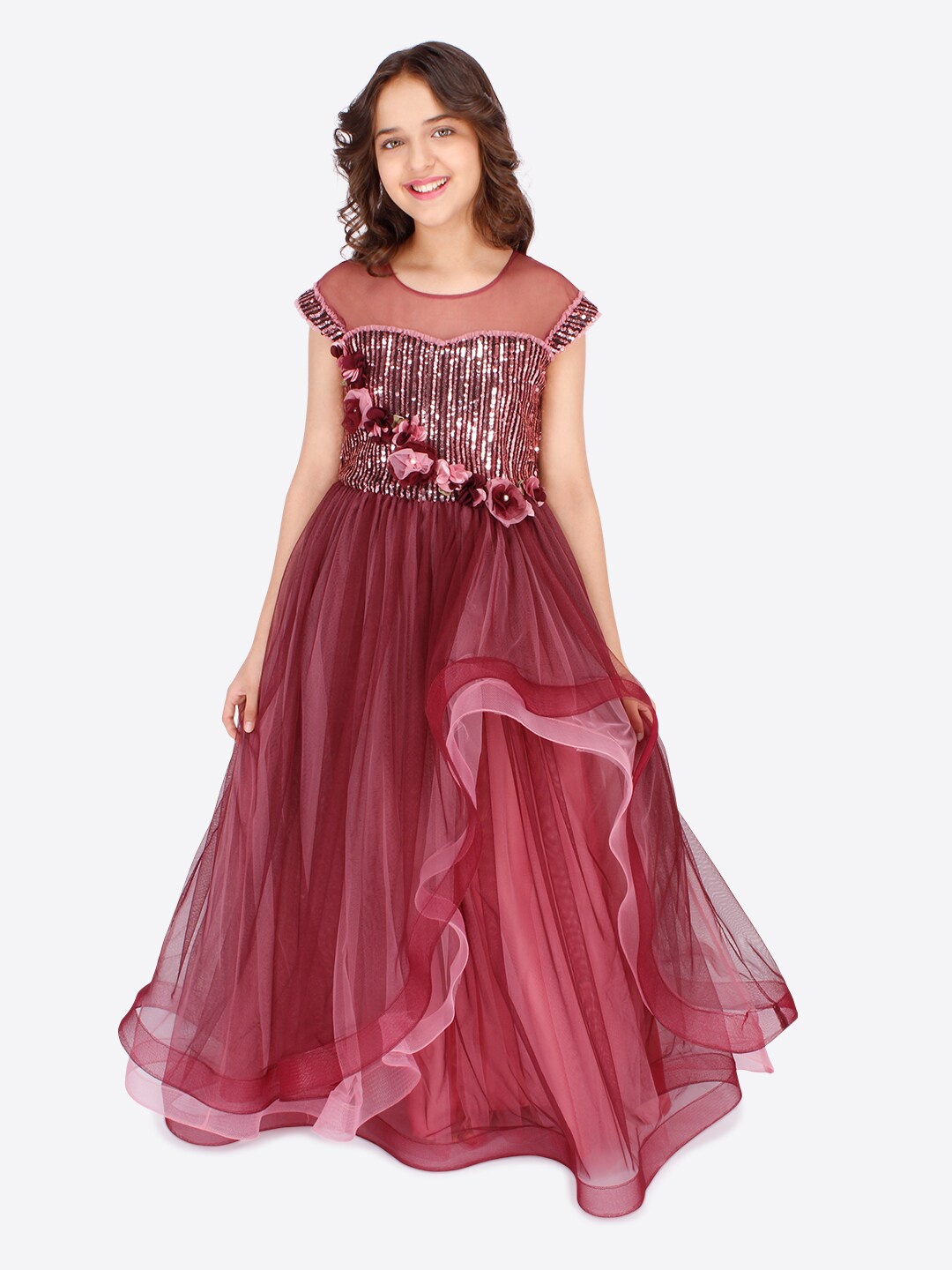 

CUTECUMBER Burgundy Embellished Net Maxi Dress