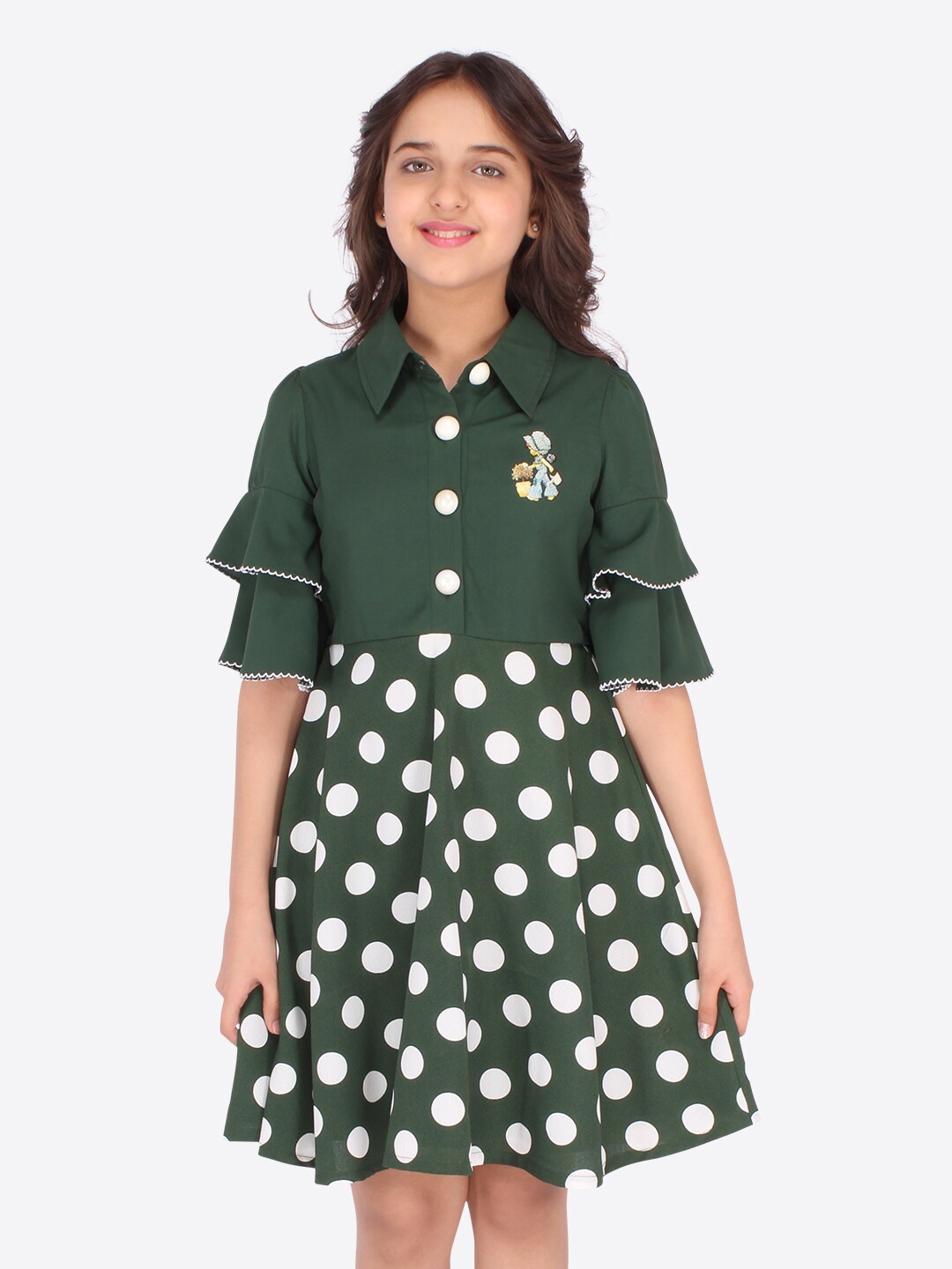 

CUTECUMBER Girls Green & White Bell Sleeve Layered Georgette Dress