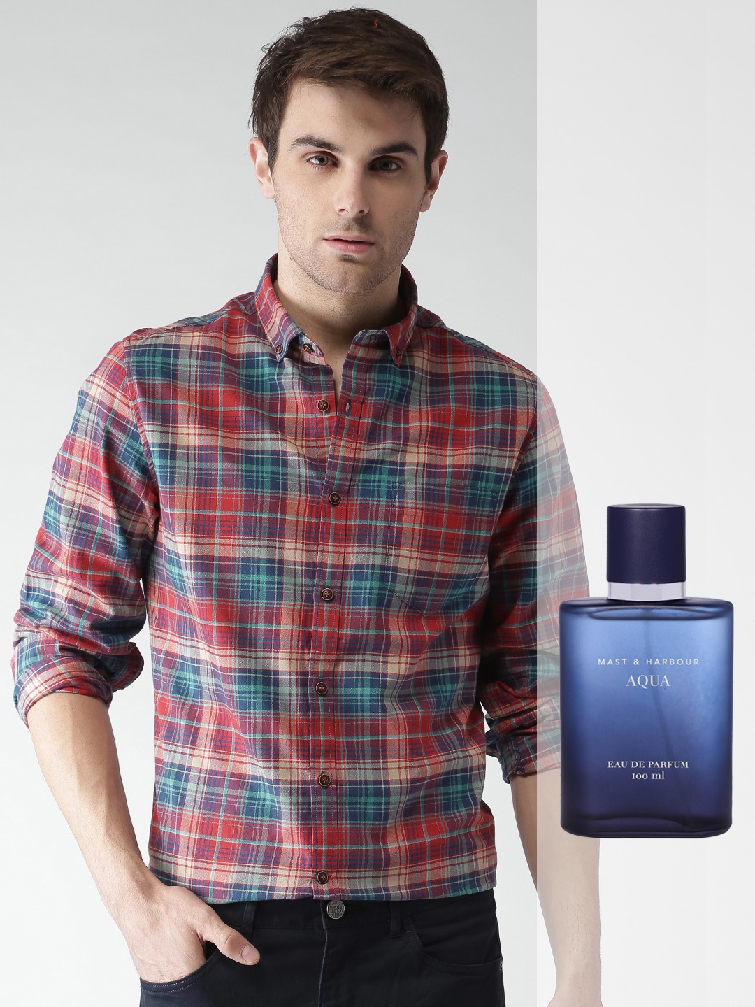 

Mast & Harbour Men Set of Checked Casual Shirt & Aqua Eau De Parfum, Red