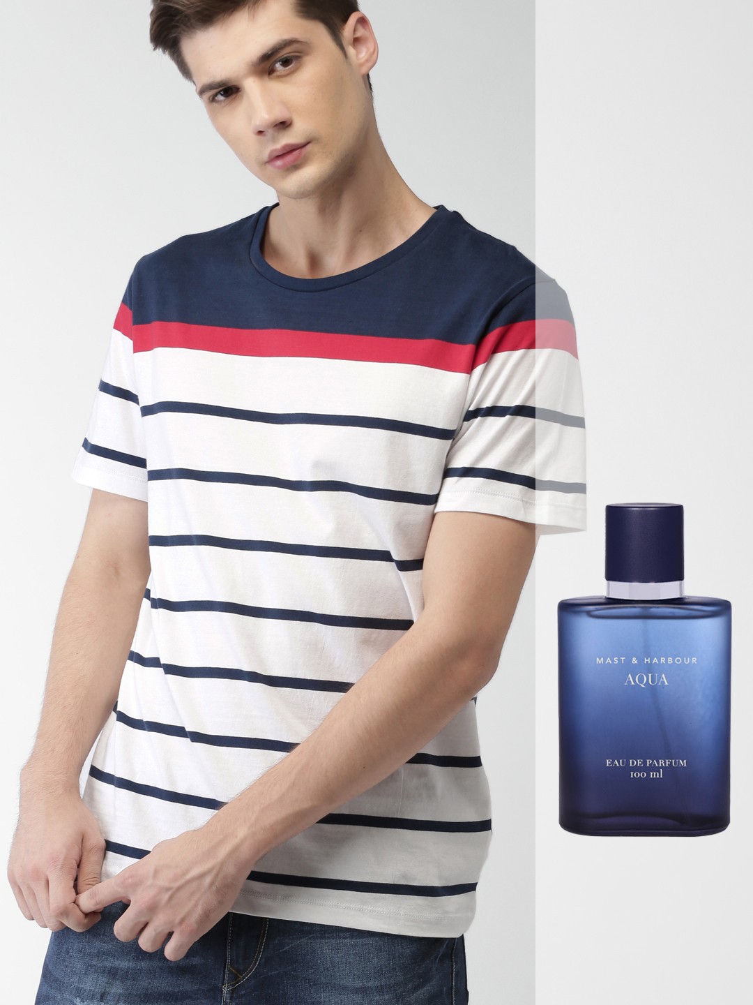 

Mast & Harbour Men Set of Striped Cotton T-shirt & Aqua Eau De Parfum, White