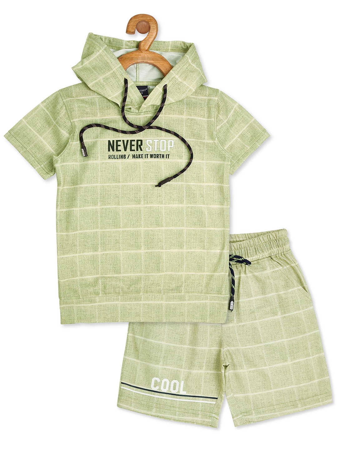 

CAVIO Boys Green Checked Hooded T-shirt with Shorts