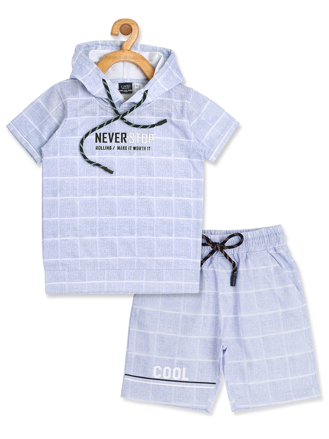 

CAVIO Boys Blue & White Checked Pure Cotton T-shirt with Shorts