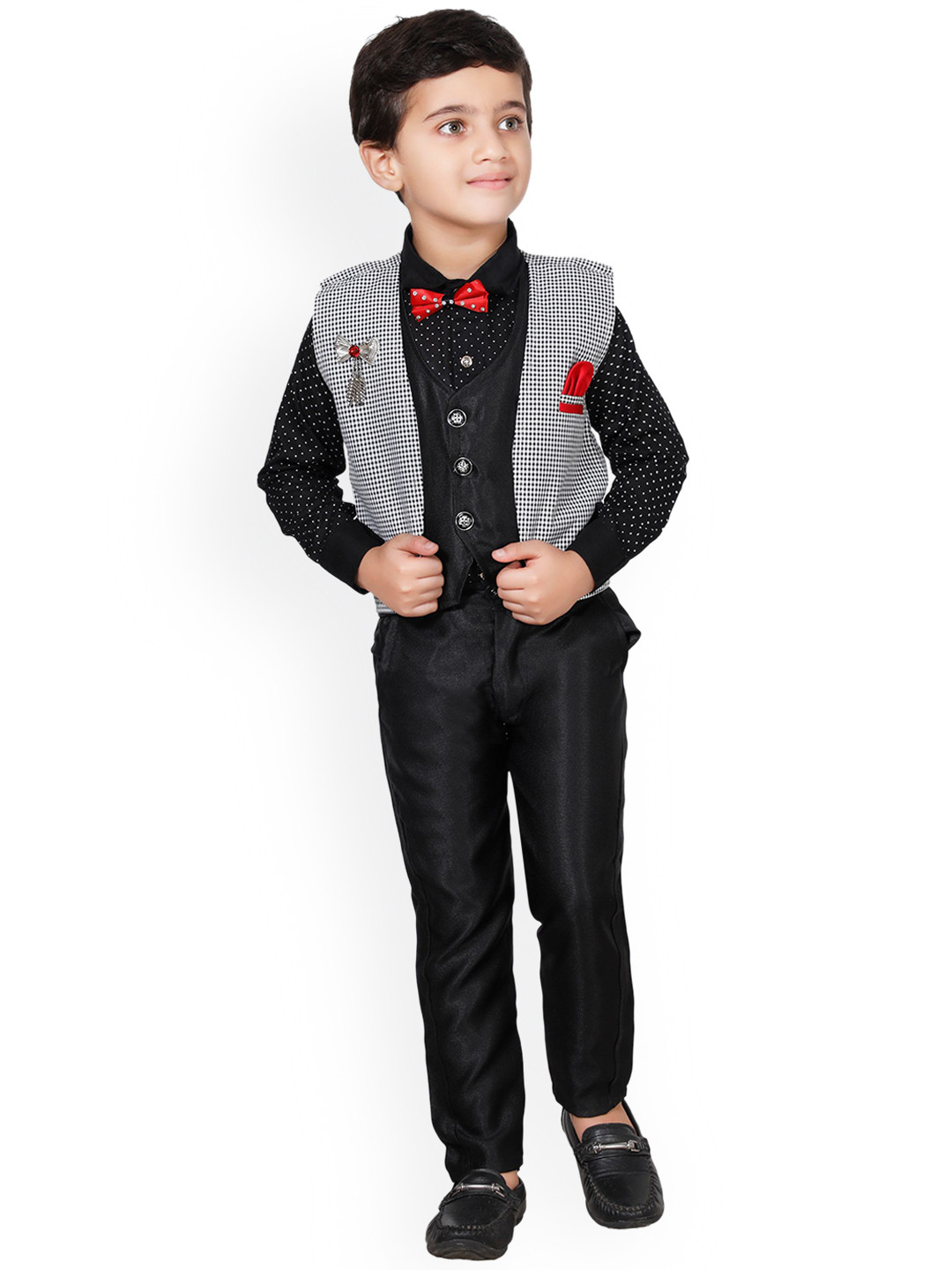 

FOURFOLDS Boys Black Solid 3 Piece Cotton Blend Suit