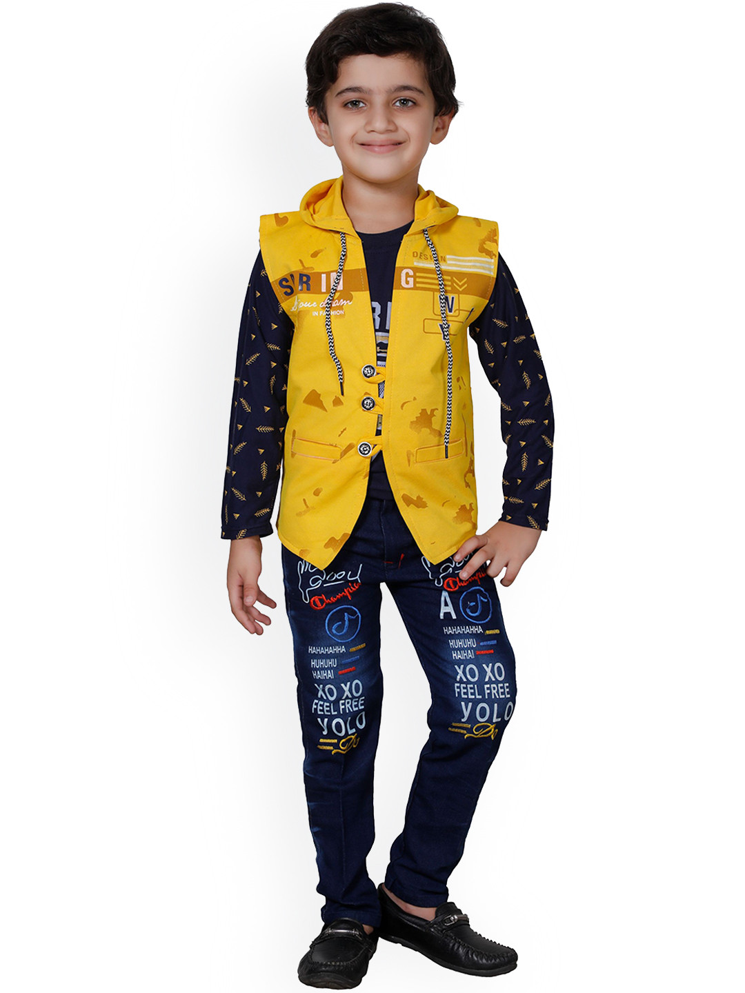 

FOURFOLDS Boys Yellow & Navy Blue Printed T-shirt With Trousers & Waistcoat