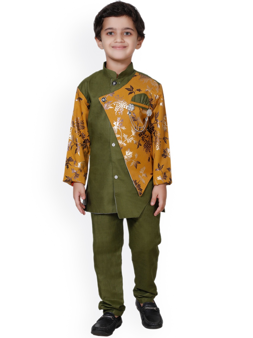 

FOURFOLDS Boys Printed Sherwani Set, Olive
