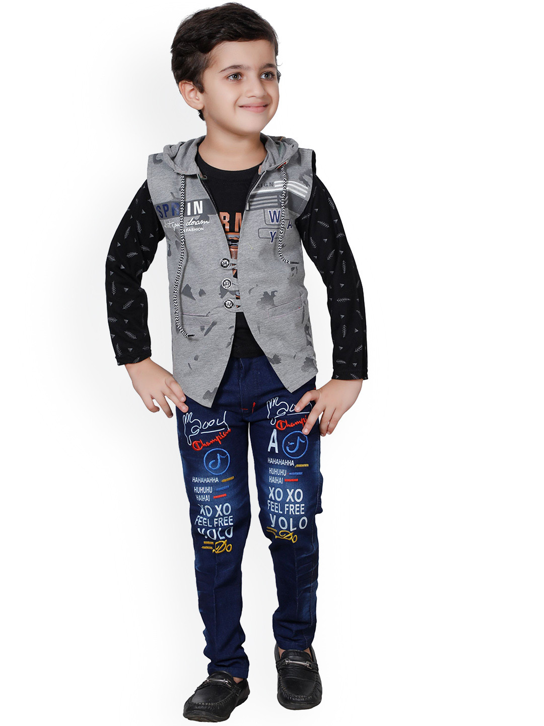

FOURFOLDS Boys Grey & Blue Printed 3 Piece Casual Set