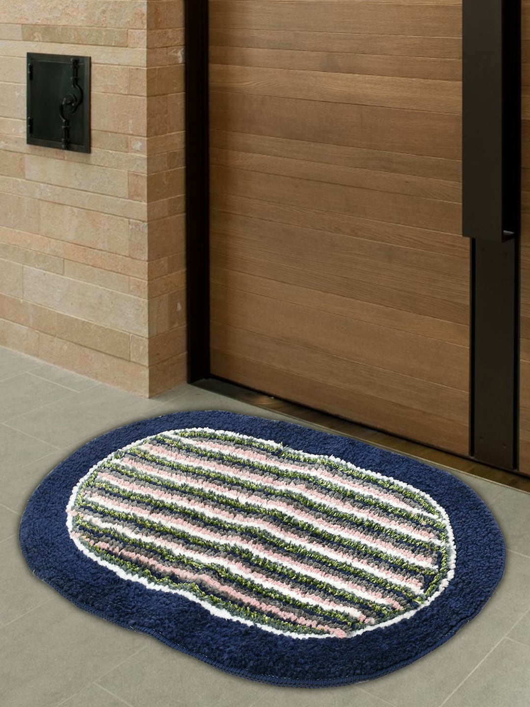 

Kuber Industries Blue Striped Cotton Anti-Skid Oval Shaped Doormats