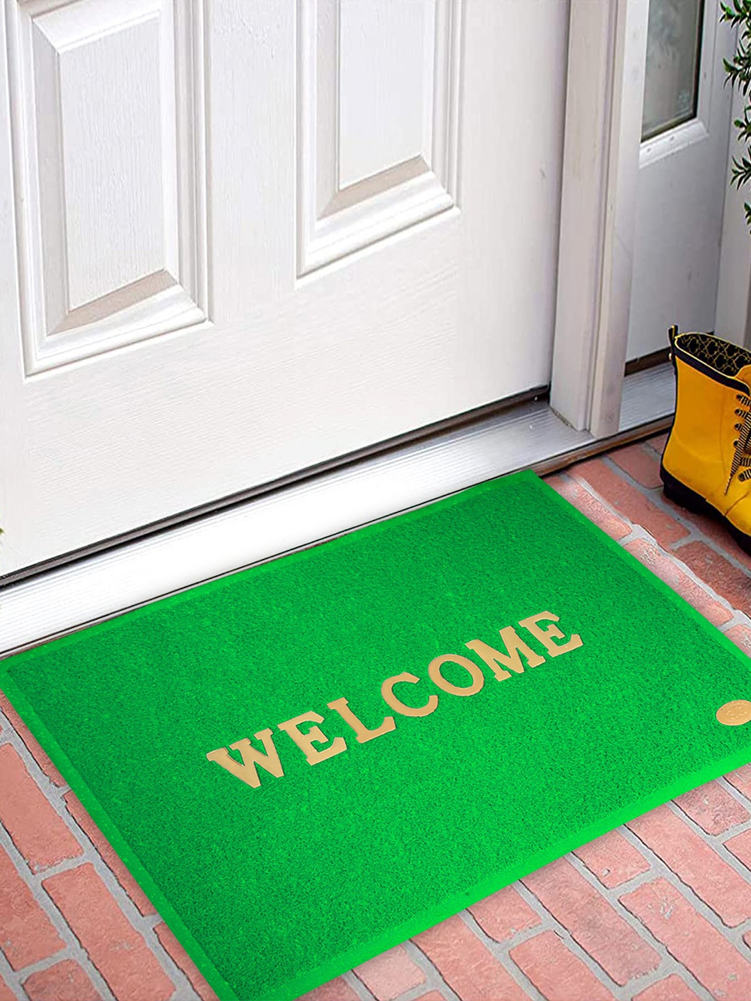 

Kuber Industries Set Of 2 Green Welcome Printed Rubber Doormats