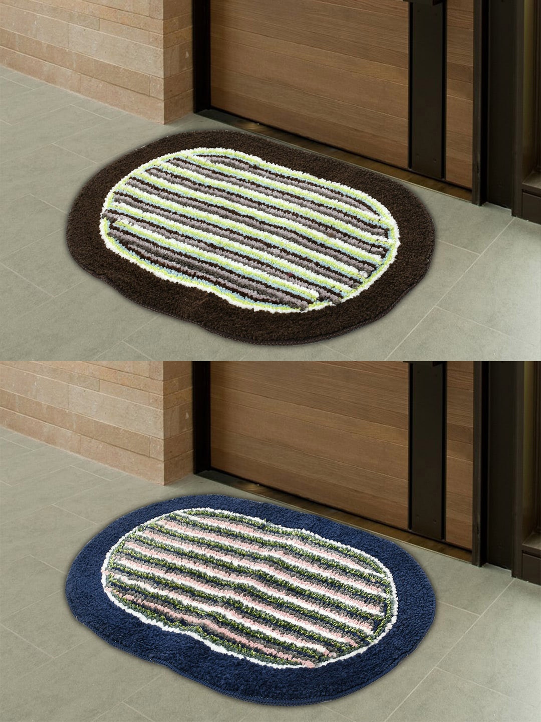 

Kuber Industries Set of 2 Blue Brown Striped Cotton Doormats, Black