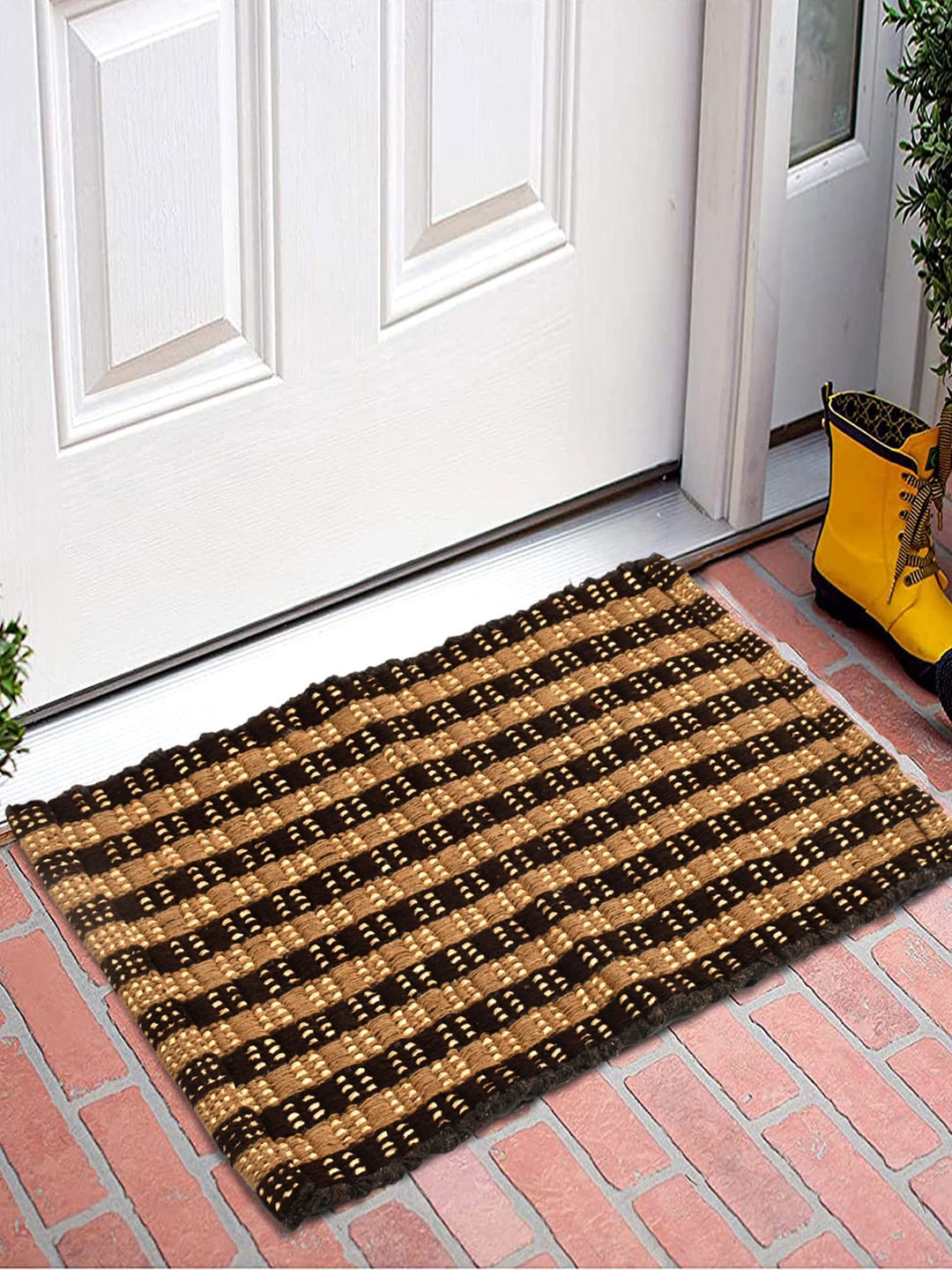 

KUBER INDUSTRIES Set of 3 Brown Black Striped Cotton Doormats