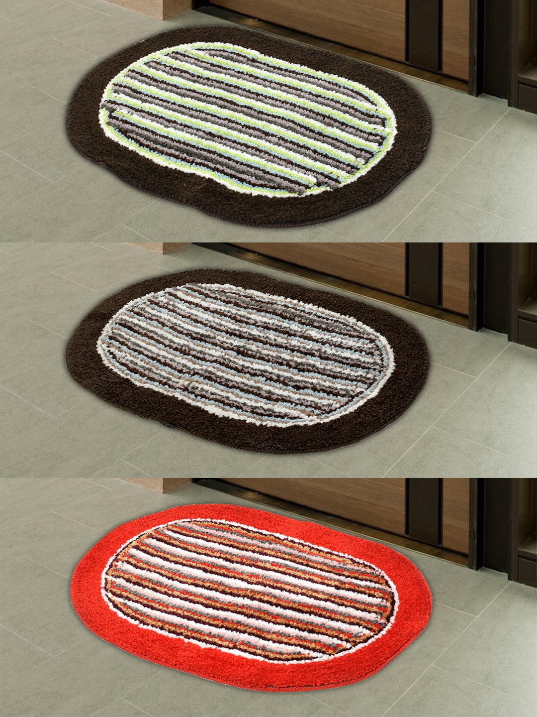 

Kuber Industries Set Of 3 Striped Cotton Anti-Skid Doormats, Multi