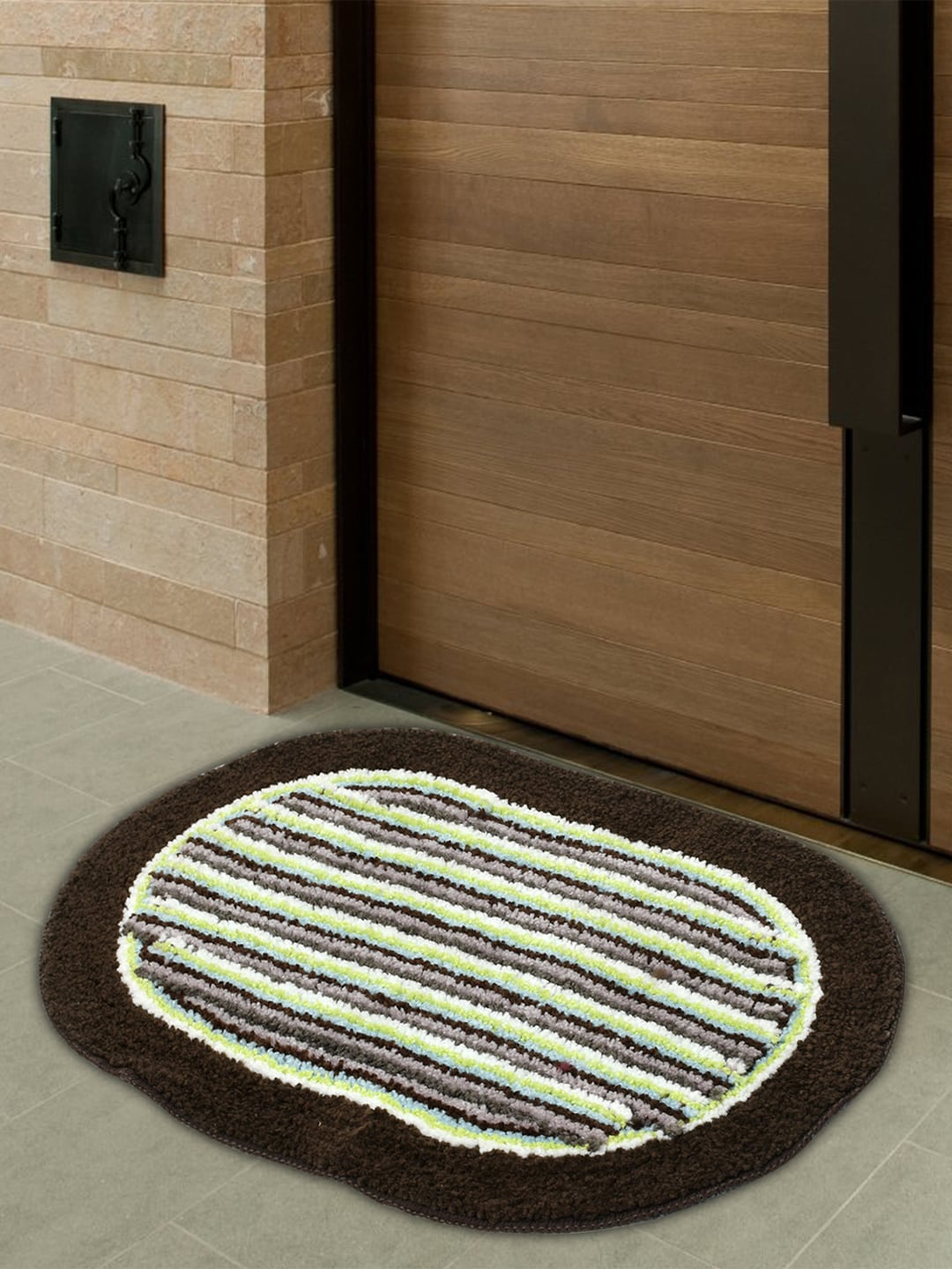 

Kuber Industries Set Of 2 Brown & Green Striped Cotton Anti-Skid Doormat