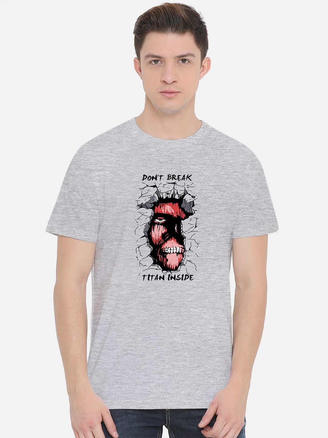 

Fully Filmy Men Grey Melange Typography Printed Cotton T-shirt