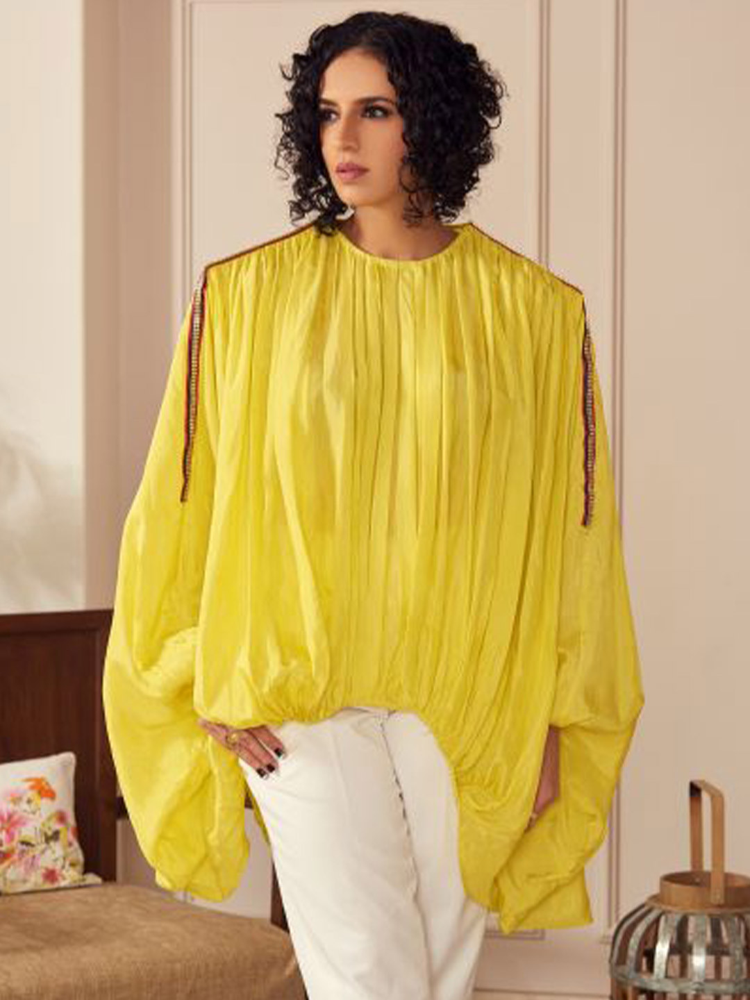

NEETIANDMUDITA Round Neck Batwing Sleeves Gathered or Pleated Top, Yellow