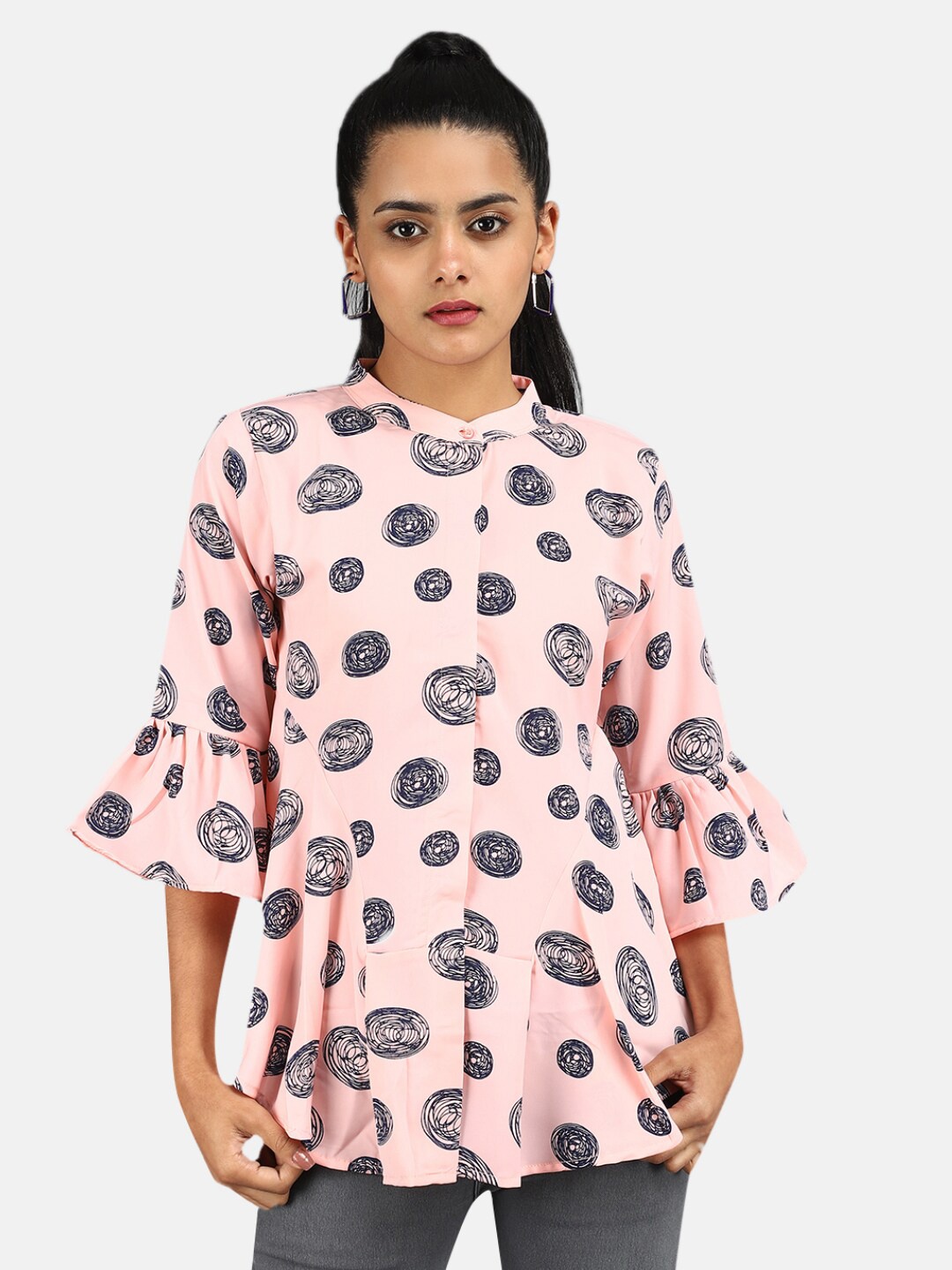 

V-Mart Peach-Coloured Print Mandarin Collar Top