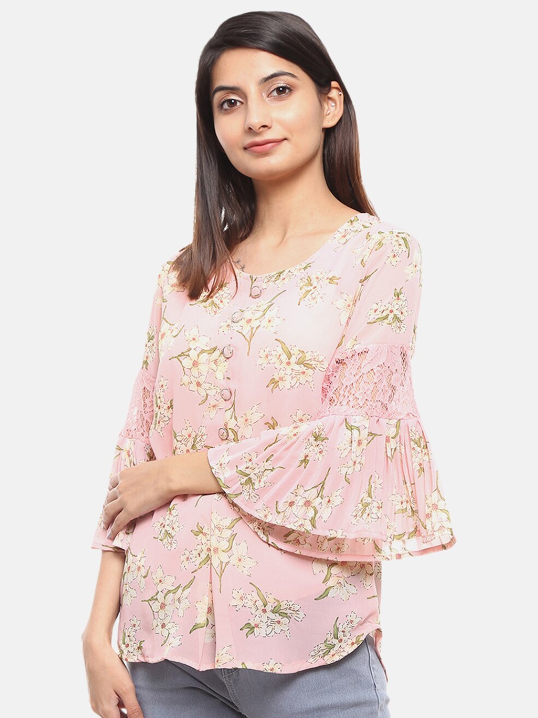 

V-Mart Pink & Green Floral Print Georgette Round Neck Top