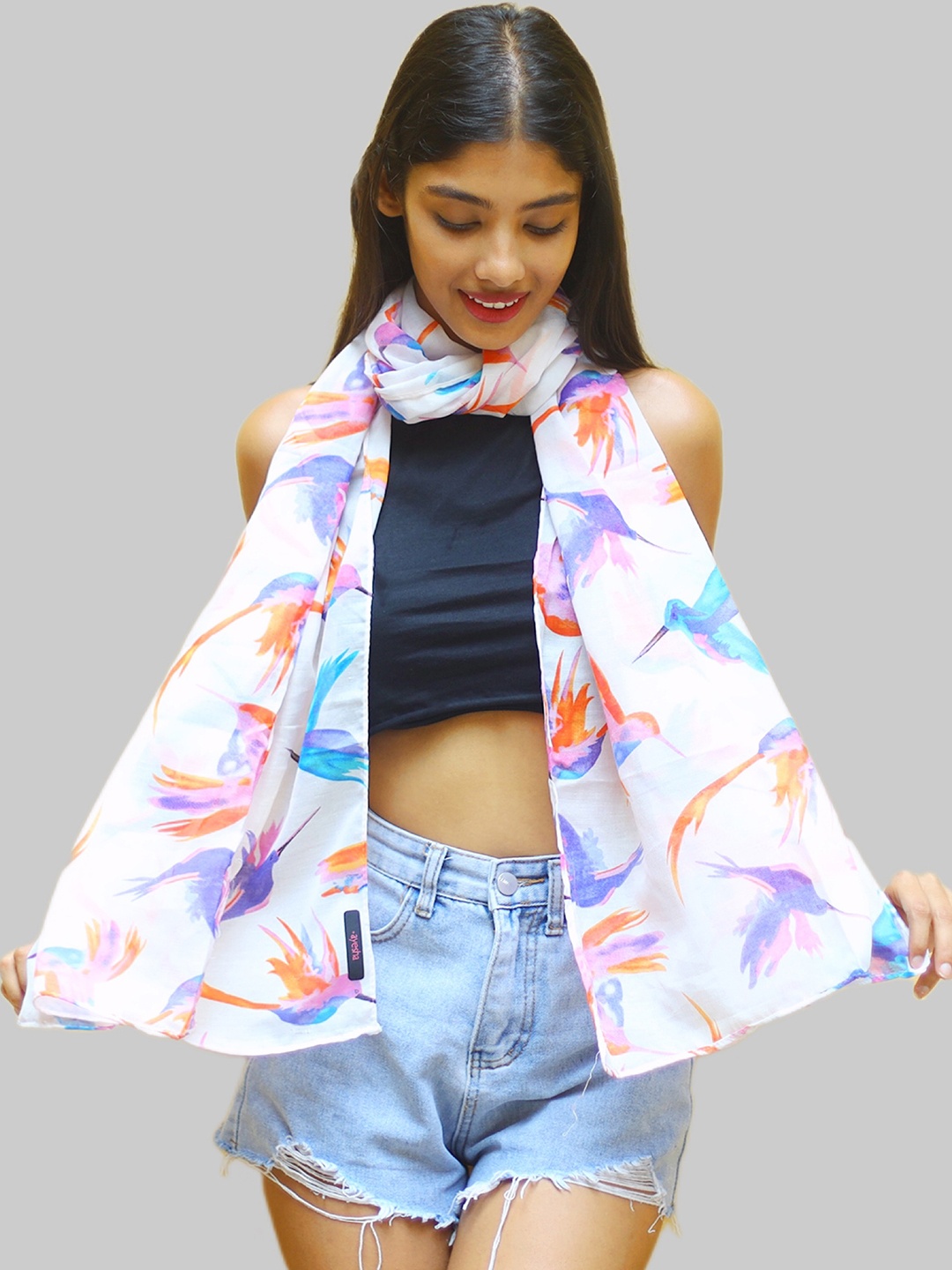 

Ayesha Women Birds Printed Poly-Cotton Scarf, White