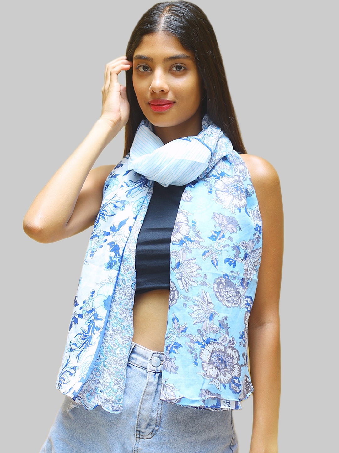 

Ayesha Women Blue & White Printed Polycotton Scarf