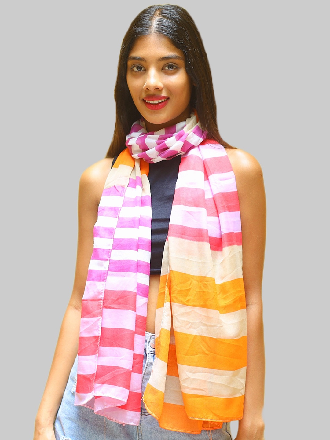 

Ayesha Women Striped Printed Poly-Cotton Scarf, Pink
