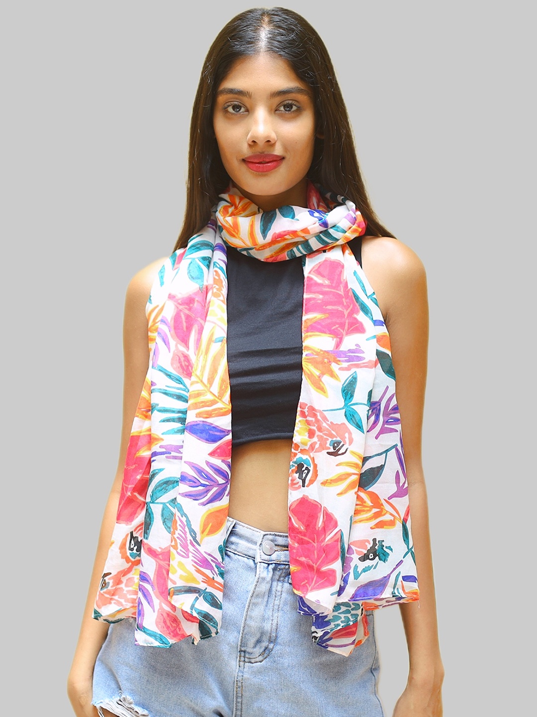 

Ayesha Women White & Blue Tropical Printed Poly-Cotton Scarf