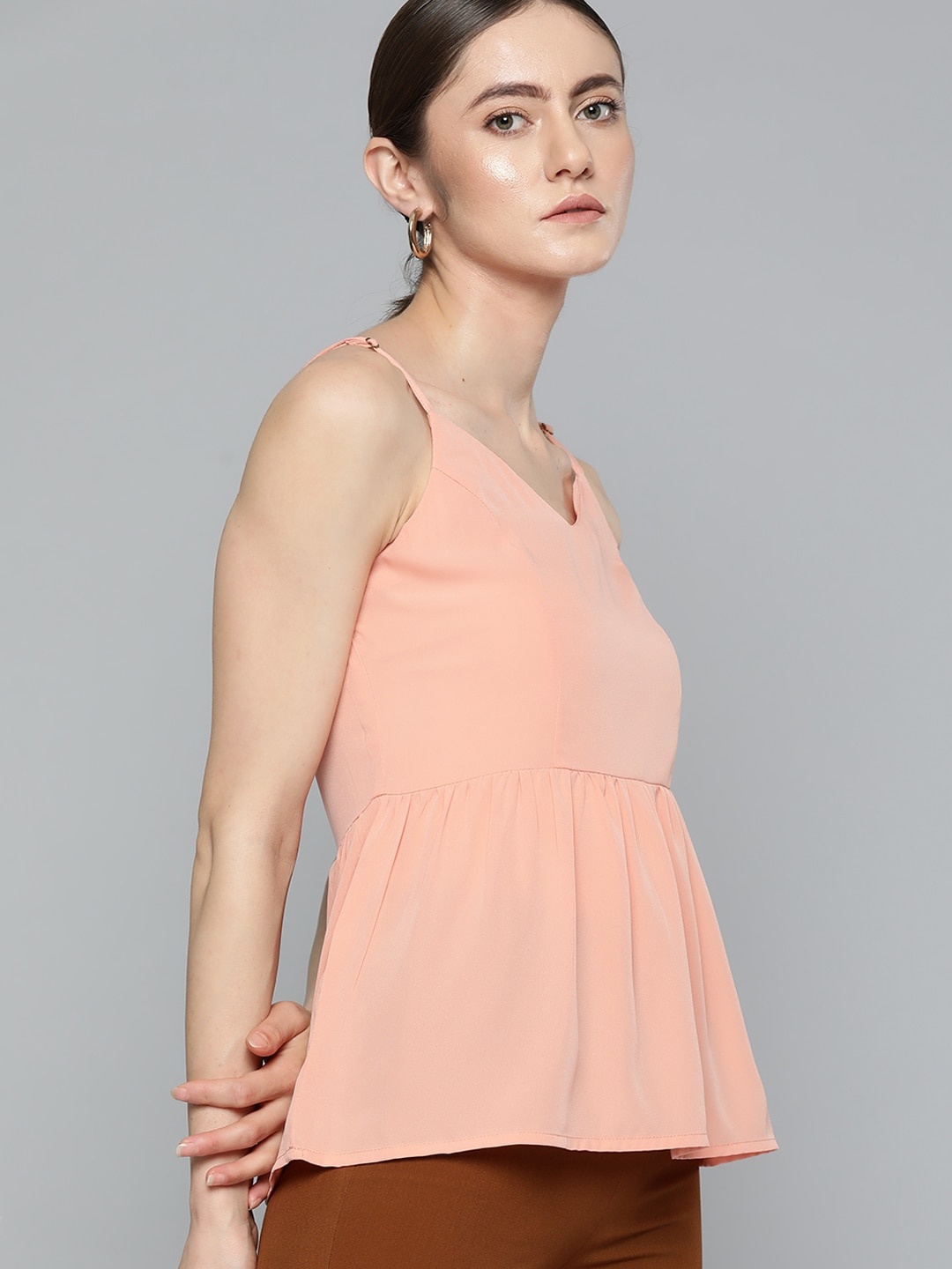 

Chemistry Women Solid Shoulder Straps Woven Fit and Flare Top, Pink